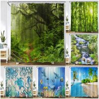 Forest Landscape Shower Curtain Tropical Ocean Beach Palm Trees Sea Turtle Dolphin Nature Scenery Fabric Bathroom Decor Curtains