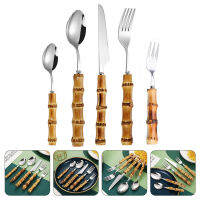 BESTOMZ 1 ชุดอาหารค่ำแบบตะวันตก Flatware สแตนเลสไม้ไผ่ด้ามจับสำหรับร้านอาหารสำหรับร้านอาหาร