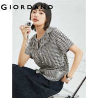 HOT ”GIORDANO ผู้หญิงเสื้อ Gentle Ruffle Collar น้ำหนักเบาเสื้อแขนสั้นฤดูร้อน Comfort แฟชั่น Casual เสื้อลายสก๊อต18343909