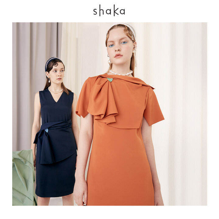 shaka-ss21-drape-layer-dress-เดรสยาว-แขนสั้น-ทรงเอ-เข้ารูปช่วงเอว-ติดกระดุมแต่ง-recycle-ds-s210403