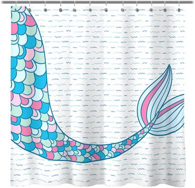 Sunlit Design Fairy Tale Color Cartoon Fish Mermaid Tail Colorful Scales Shower Curtain Blue Green Pink Tail Child Bathroom Deco