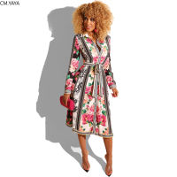 Spring Summer Midi Dress Turn-down Collar Long Sleeve Floral Print Casual Beach Lace Up Loose Shirt Pleated Dresses GL886