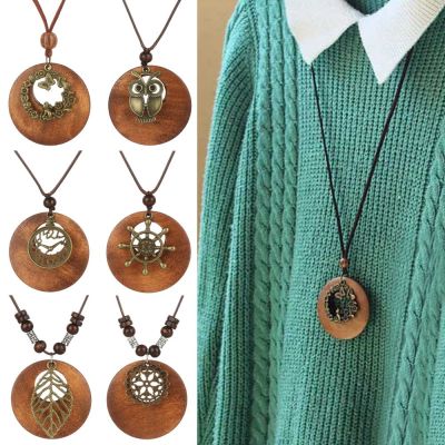 Hot Retro Ethnic Sweater Chain Round Wooden Long Sweater Necklace Vintage Clock Pendant Jewelry Neck Accessories Gifts Collar Adhesives Tape