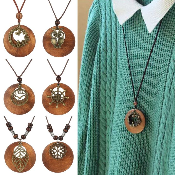 hot-retro-ethnic-sweater-chain-round-wooden-long-sweater-necklace-vintage-clock-pendant-jewelry-neck-accessories-gifts-collar-adhesives-tape