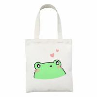 【Lanse store】Cute Frog Cartoon Women Canvas Tote Bag Reusable Kawaii Animal Pattern Female Shoulde Ladies Travel Student Shopping Bags сумка