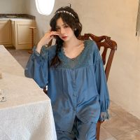 ；【‘；- Lace Women Sleepwear Pajamas Set Nightwear Long Sleeve Shirt Pant Ice Silk Homewear Pyjamas Home Clothes Lounge Loose 2Pcs