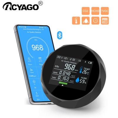 RCYAGO เครื่องวัดคุณภาพอากาศบลูทูธ CO2,เครื่องทดสอบ TVOC มิเตอร์อากาศบลูทูธ HCHO ฟอร์มัลดีไฮด์อุณหภูมิสำหรับโรงเรียน7ใน1