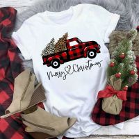 【cw】 Christmas Truck LeopardTreesT shirtChristmas PrintedO neck T Shirt FemaleKawaii Tops ！