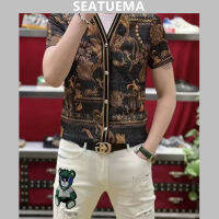 SEATUEMA เสื้อยืดแขนสั้นแบบใหม่ของผู้ชาย Ice Silk ปุ่มด้านบนของผู้ชายพิมพ์ V Neck Cardigan เสื้อเชิ้ตแขนสั้น