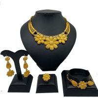 Indian Jewelry Sets For Women Dubai 24K Gold Color Flower African Wedding Bridal Wife Gifts Necklace Earrings Party Jewellery