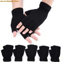 1Pair Black Half Finger Fingerless Gloves For Women And Men Wool Knit Wrist Cotton Gloves Winter Warm Workout Gloves