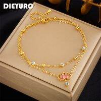 DIEYURO 316L Stainless Steel Pink Lotus Flower Anklets For Women Girl New Trend Multi-layer Chains Non-fading Jewelry Gift Party