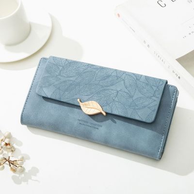 New PU Leather Retro Long Wallets for Women 2022 Simple Frosted Leaf Zipper Buckle Card Holder Large Capacity Womens Clutch