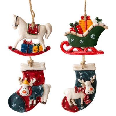 Christmas Tree Hanging Ornaments 4 Pieces Christmas Hanging Ornaments Tree Decor Mini Sleigh Stocking Rocking Horse Figurine for Car Rearview Mirror Accessories well-liked