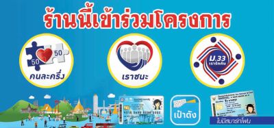 A09ป้ายไวนิล ป้ายโครงการ "เราชนะ" ม.33 บัตรสวัสดิการแห่งรัฐ คนละครึ่ง ขนาด 120*60 ซม. หน้าเดียว พับขอบตอกตาไก่  ภาพคมชัด ทนแดด ทนฝน