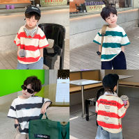 Childrens tops boys and girls 2023 Summer handsome stripes short-sleeved T-shirt baby letter print loose base shirt