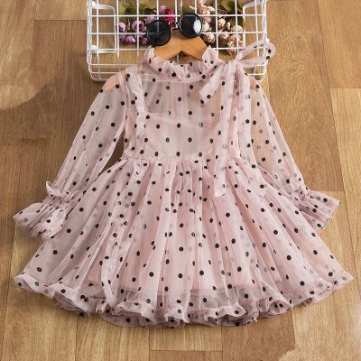〖jeansame dress〗3-8ปี Polka-Dot GirlsDress ForSpringLong SleeveBirthday Party Gown ChildrenClothes