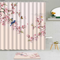 2Pcs R Plum Blossom Bird Shower Curtain Butterfly Pink Cherry Blossom Scenery Bathroom Non-Slip Car Bath Mat Curtains Set