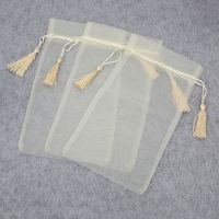 10pcs Beige Drawing Organza Bag With Tassel Jewelry Makeup Packaging Bags Transparent Display Box Package Yarn Gauze Pouches