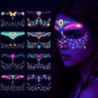 Fluorescent Halloween Face Tattoo Sticker Butterfly Rose Fake Tattoo UV Glow In The Dark Festival Masquerade Party Body Sticker Stickers