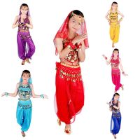 Children Belly Dance Costume Set Girls Ballroom Dance Dress Indain Gold Coin Belt Silk Veil Bellydance Kid Bollywood Accessories