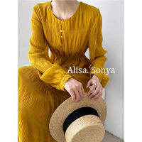 [Free Shipping]Alisa.sonya 2023ผู้หญิงใหม่กดชุดผู้หญิงแบบจับจีบเกาหลีชุดนางฟ้าแขนยาวผ้าชีฟองเอว