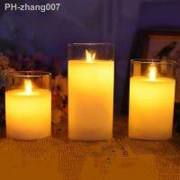 USB Rechargeable Flickering Dancing Flame Moving wick Pillar Candle Paraffin Wax LED Glass Candle Set Home Bar Decoration-Amber