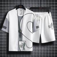 【July hot】 Gu Yue mens 2022 summer new waffle short-sleeved T-shirt suit casual fashion all-match