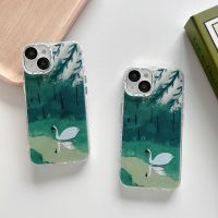 .Suitable For iPhone 14Pro Fashion Forest Swan pattern Phone case with lens protective film 14 11 12 13 Pro Max Soft TPU Cover