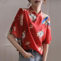 Women Elegant Red Qipao Tops Chinese Style Flower Print Vintage Shirt Retro Cheongsam Blouse Ao Dai Lady French T-shirt Clothes