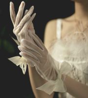 ❁۩✳ Womens Lace Mesh Bridal Gloves for Wedding White and Champagne Wrist Wedding Gloves Large Bow Knot Marriage Accessories