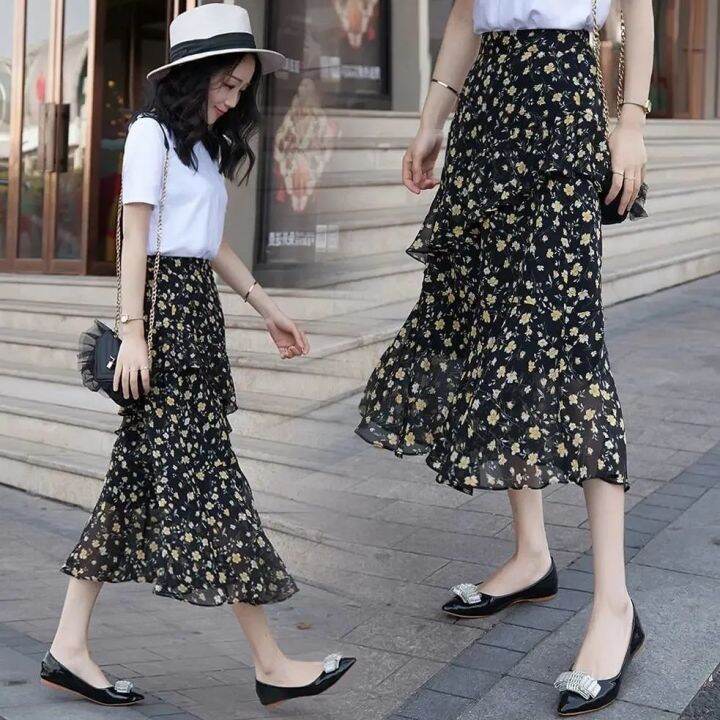 Long Skirt Plus Size Loose Fashion Casual Elastic High Waist Floral Skirts  For Women | Lazada