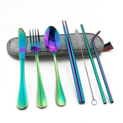 Dinnerware Set Travel Camping Cutlery Set Reusable Straw Spoon Fork Chopsticks Portable Case Multicolor Flatware Sets