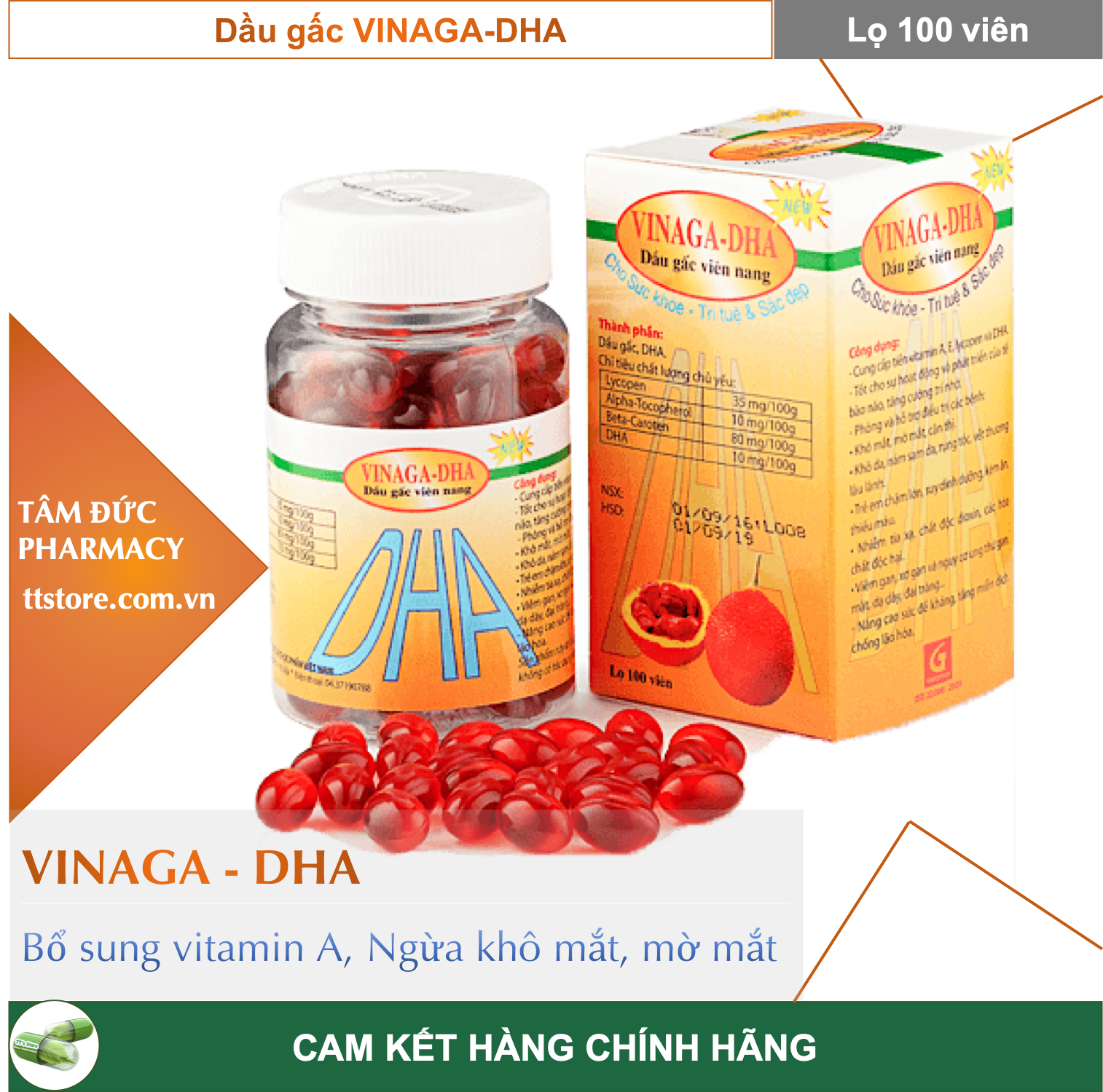 [HCM]DẦU GẤC VINAGA DHA [Lọ 100 viên] - Viên uống bổ sung vitamin A giúp  sáng mắt đẹp da