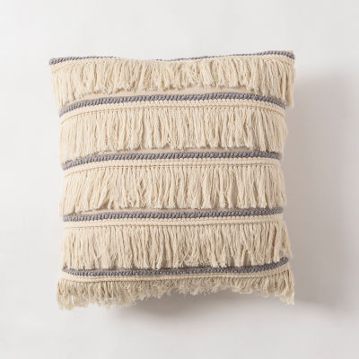 Customized Beige Cushion Cover Fringe Grey Cotton Linen Embroidery 45x45cm Pillow Cover Line Long Tassel Cushion Covers