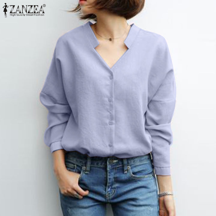 ZANZEA Womens Vintage Long Sleeve Button Down Shirts Commute Plain Loose  Holiday Wedding Tops #8