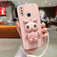 เคสมือจับสำหรับโทรศัพท์มือถือตั้งได้รูปกระต่ายการ์ตูน3D น่ารักสำหรับ VIVO Y17 Y15 Y12 Y11 Y12i T1 Y15S Y15A Y01 Y81ป้องกันกล้อง Y71ชุบทองฝาครอบหลังซิลิโคน + สายคล้อง