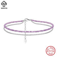 Rinntin 925เงินสเตอร์ลิง Layered Ball Chain &amp; Amethyst Anklets สำหรับผู้หญิงแฟชั่นข้อเท้าสร้อยข้อมือ Barefoot เครื่องประดับ SA45