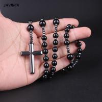 สร้อยคอลูกประคำสวดมนต์ Hematite Blessing พร้อมจี้กางเขนเครื่องประดับทางศาสนา Cross เครื่องรางทางศาสนาโซ่ลูกประคำยาว