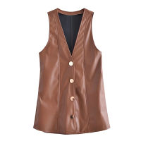 xikom  Women PU Solid Vintage Casual Leather Dress Female Streetwear Slim V Neck Sleeveless Single-Breasted Mini Dresses
