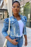 CM.YAYA Women Puff Long Sleeve Turn Down Neck Button Up Denim Jackets Fashion Streetwear Classic Jeans Jacket