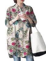 [COD] Cross-border independent station 2022 European and womens retro linen long-sleeved collar floral formal top