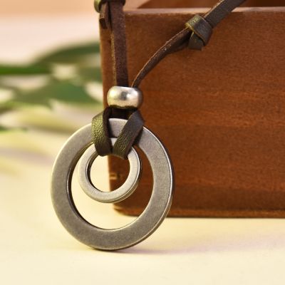 ▥ Vintage Men Women Double Circle Adjustable Leather Cord Necklace Pendant Jewelry Christmas Gift Initial Necklace