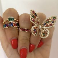 Boho Colorful Luxury Crystal Butterfly Ring For Women Girls Vintage Metal Rhinestone Finger Rings Charming Banquet Party Jewelry