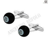 ANGELINO RUFOLO Cufflink(คัฟลิงค์) ดีไซน์ Snooker Ball No.8 กระดุมข้อมือคัฟลิ้งโรเดียมคุณภาพเยี่ยม ตัวเรือนสีเงิน/ดำ/ขาว ลวดลายเลข 8