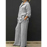 Cotton Linen Suits Women Elegant Solid Long Sleeve Shirts Wide Leg Trousers Two Piece Sets Female Casual Straight Urban Sets