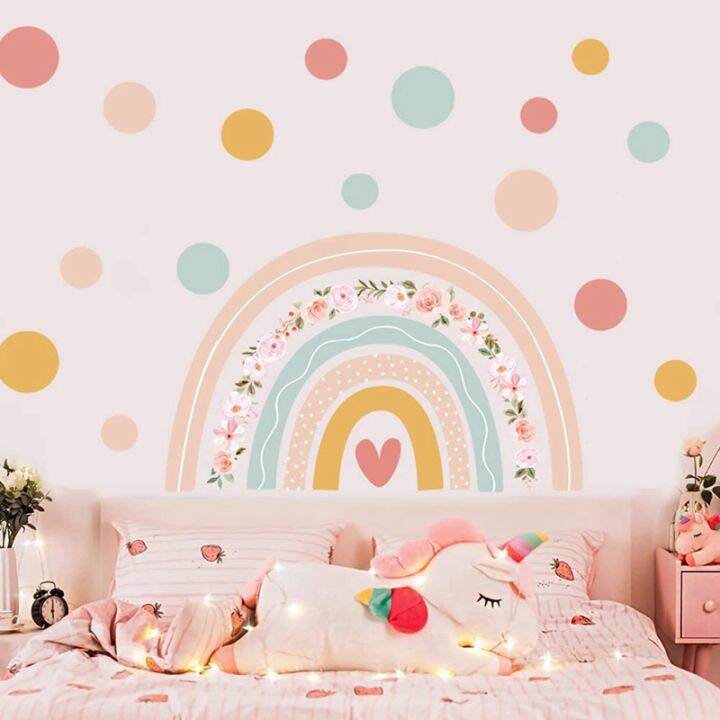 large-rainbow-flower-wall-stickers-boho-polka-dots-wall-decal-vinyl-for-room-kids-nursery-playroom-classroom-wall-decor