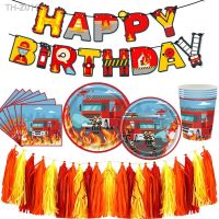 ❈☋ Fire Truck Birthday Party Supplies Firefighter Disposable Tableware Paper Plates Cups Napkin Happy Birthday Banner Fireman Party