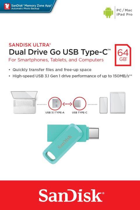 sandisk-ultra-dual-drive-go-64gb-usb-3-1-gen1-flash-drive-type-c-speed-150mb-s-sdddc3-064g-g46g-สีเขียว-ประกัน-synnex