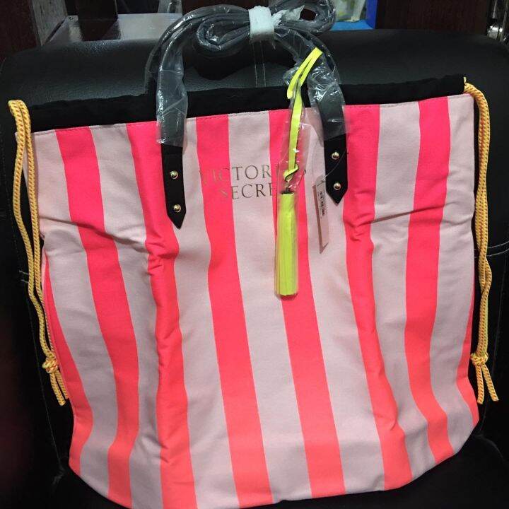 Victoria's Secret Limit. Edit. Striped Neon Pink Canvas Summer Beach Tote  Bag 